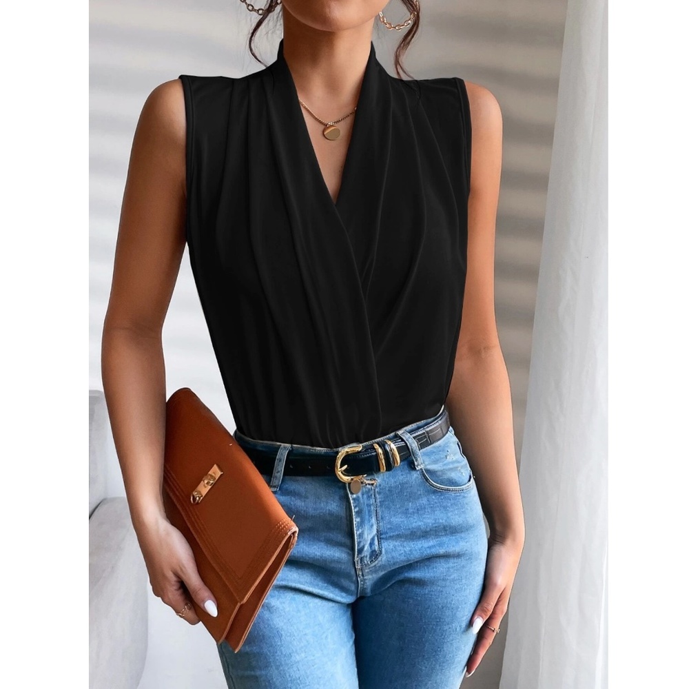 Draped Sleeveless Surplice V-Neck Blouse Top Black Overlapping Front Snap Button - Picture 2 of 6